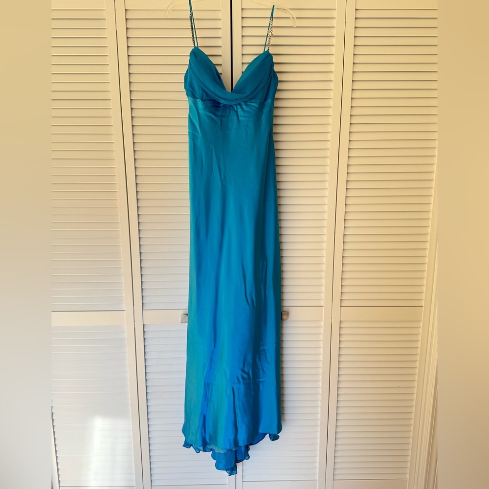 NWT Betsy and Adam Blue Satin Evening Maxi Gown Dress Size 14
